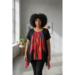 Radzoli Colorful Tunic Top Uneven Hem Bright Sz 1X Sharkbite Hem Flowy Loose